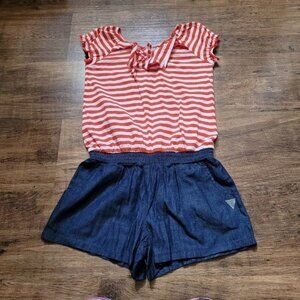 Girls Guess Romper Top Shorts Size Large 12 Denim Red White Stripes Naut…